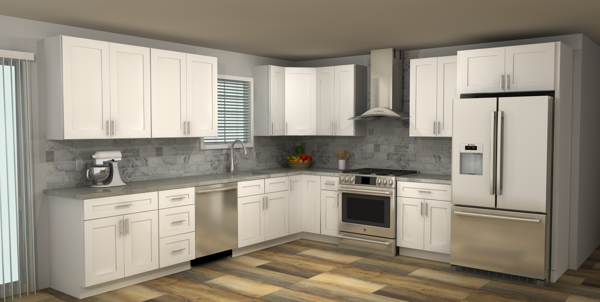 Modern L-Shaped Kitchen Design with Light Beige Cabinets - 9x12 Ft