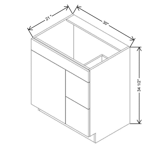 CNC Luxor White 30" W Single Door 2 Drawers Right Vanity Sink Base Cabinet