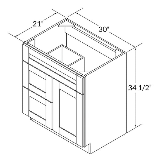 Vanity Sink Base Cabinet with Left Drawers 30 Inch Wide x 21 Inch Deep x 34 1/2 Inch High Espresso Shaker Series