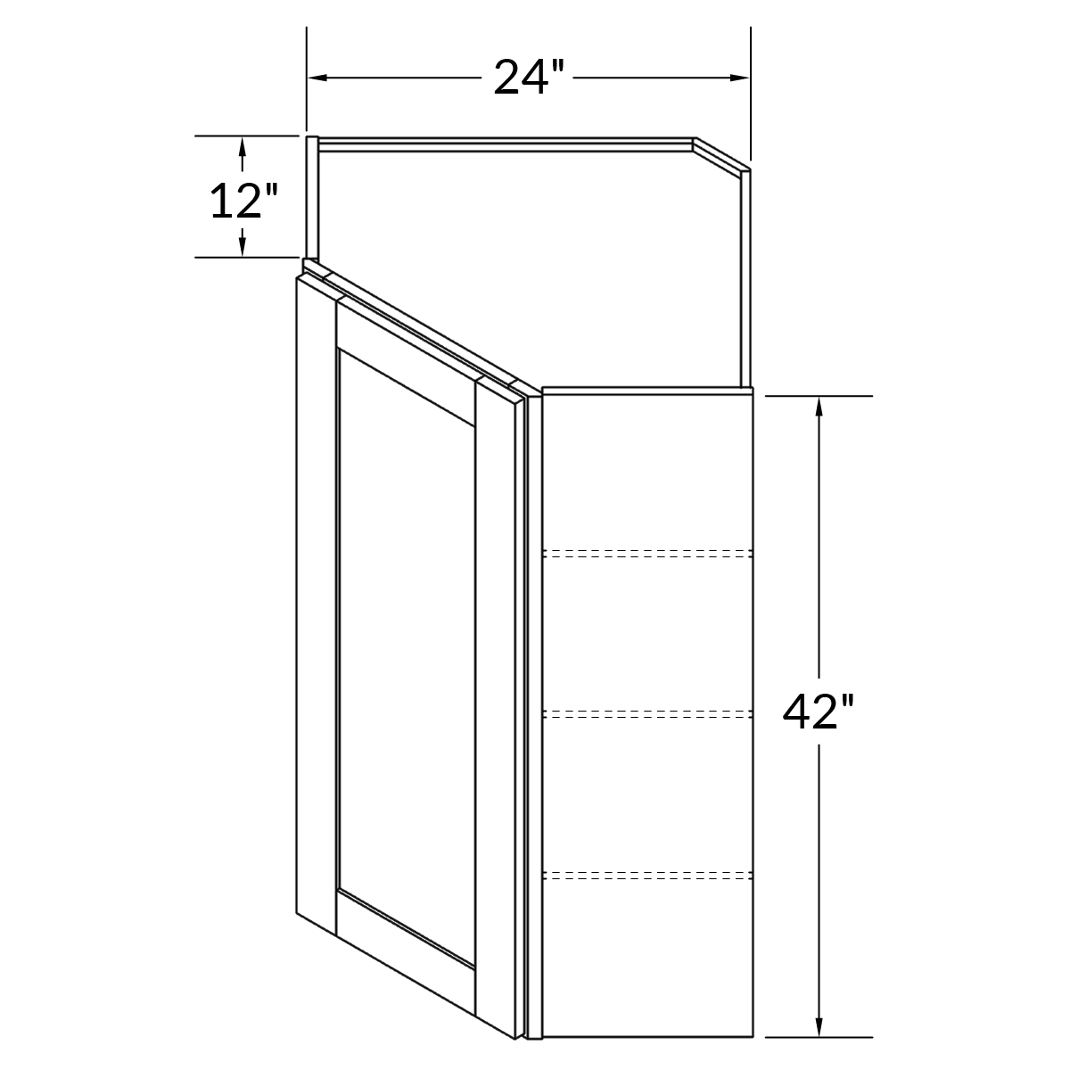 Diagonal Corner Wall 42" by 24" Wide Blue Shaker Cabinet