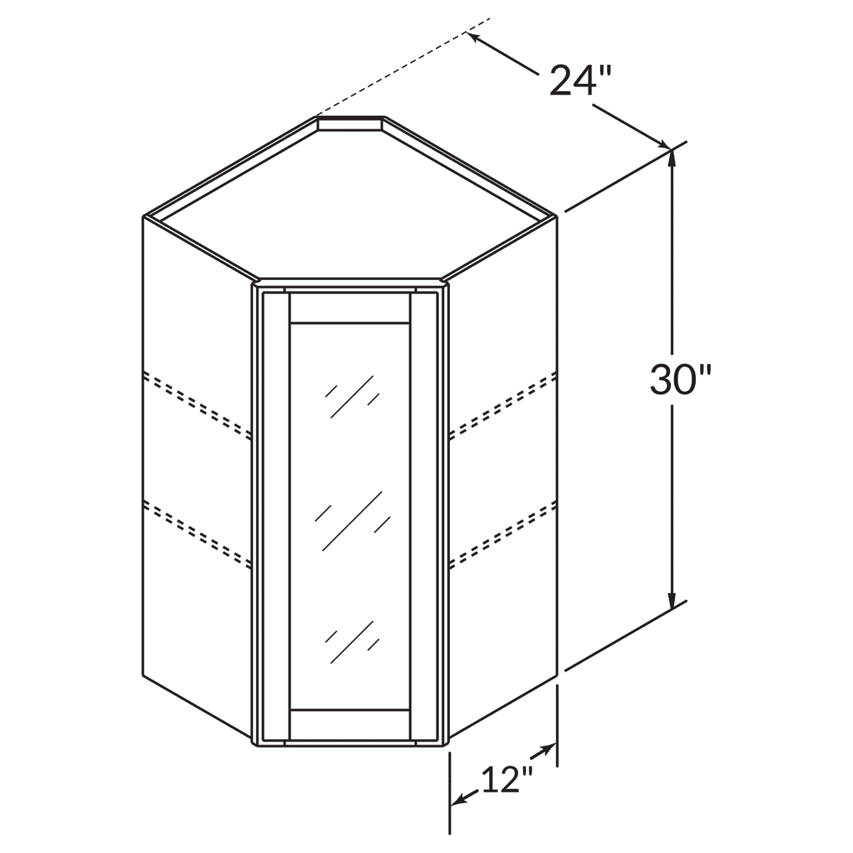 Diagonal Corner Glass Doors Wall 30 by 24 Wide Shaker Toffee Cabinet