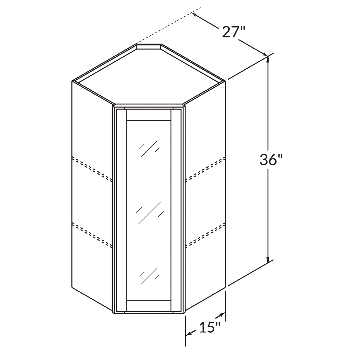 Diagonal Corner 15D Glass Doors Wall 36 by 27 Wide Shaker Toffee Cabinet