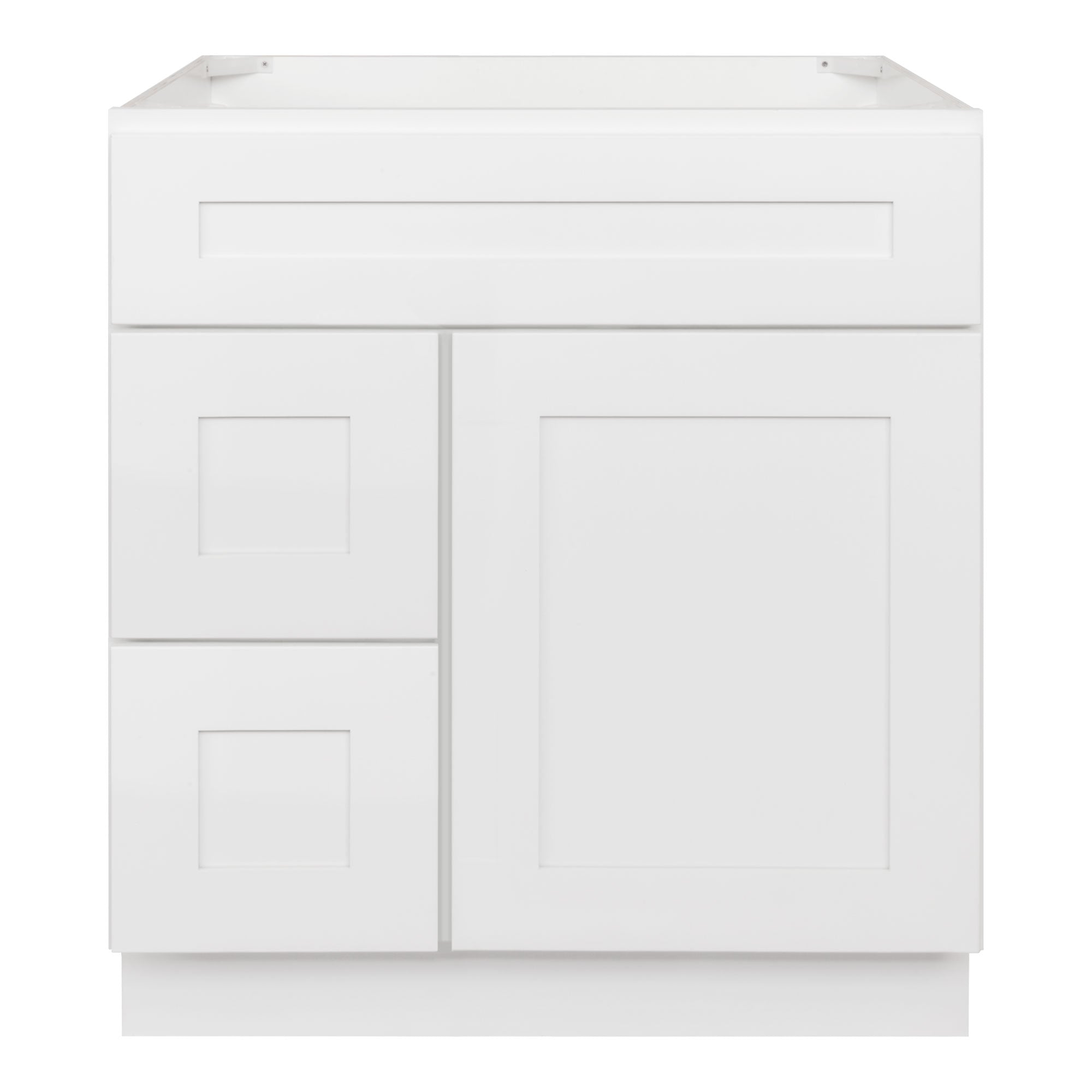 30 W x 21 D x 34.5 H Vanity Sink Base with Left Drawers White Shaker Cabinet