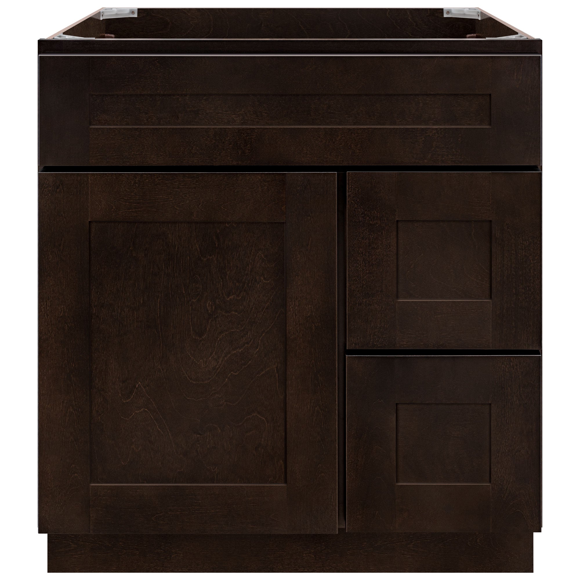 Vanity Sink Base Cabinet with Right Drawers 30 Inch Wide x 21 Inch Deep x 34 1/2 Inch High Espresso Shaker Series