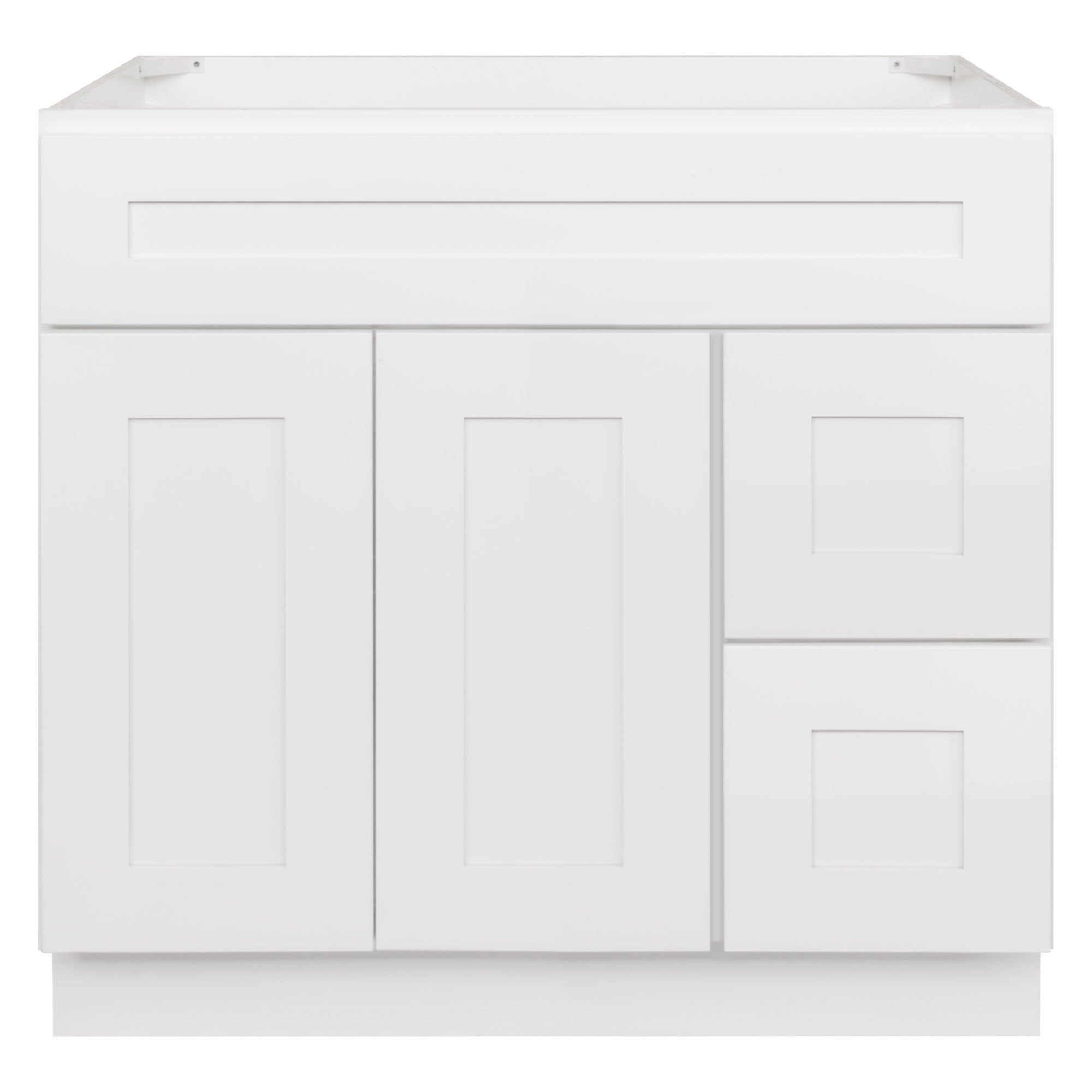 36 W x 21 D x 34.5 H Vanity Sink Base with Right Drawers White Shaker Cabinet