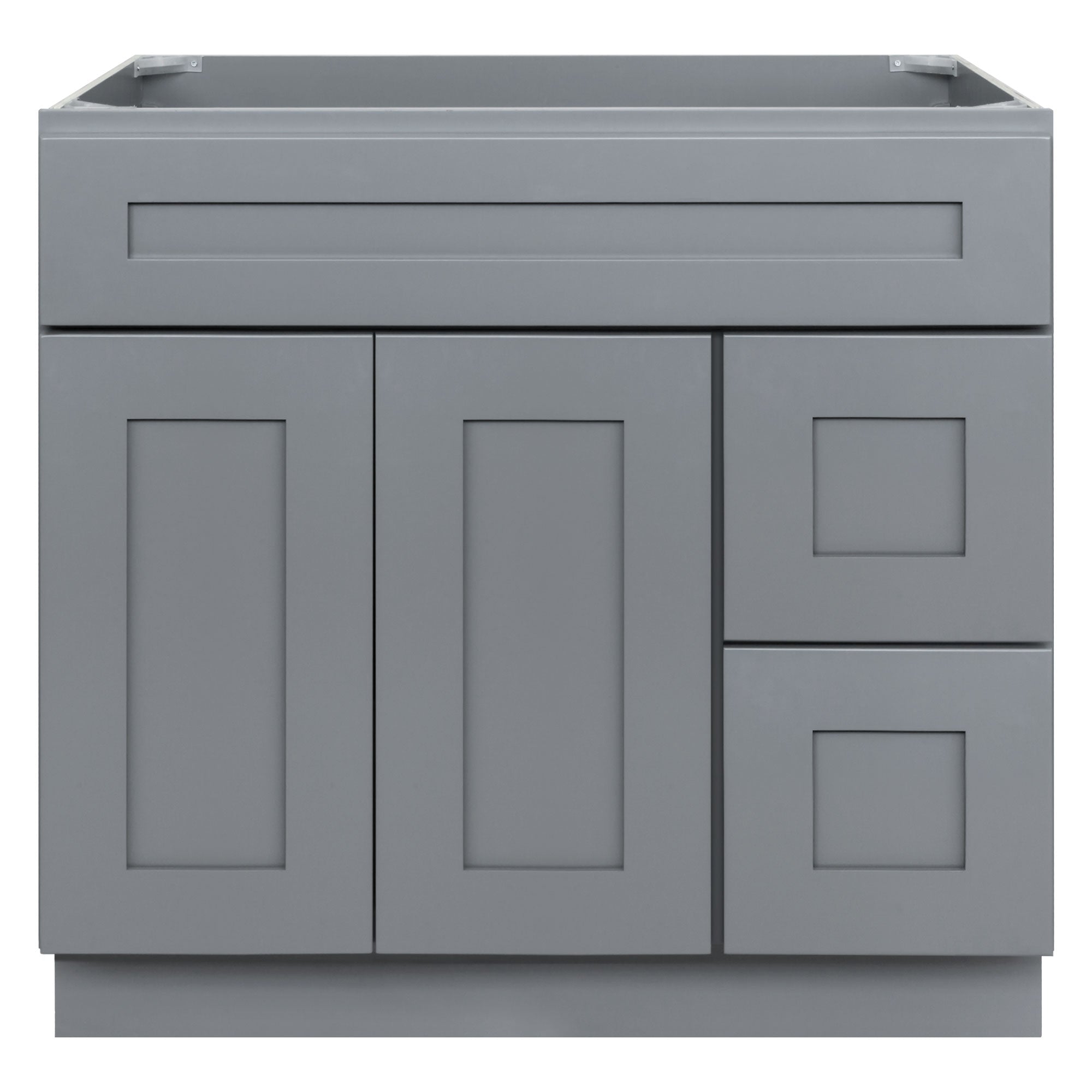 36 W x 21 D x 34.5 H Vanity Sink Base with Right Drawers Gray Shaker Cabinet