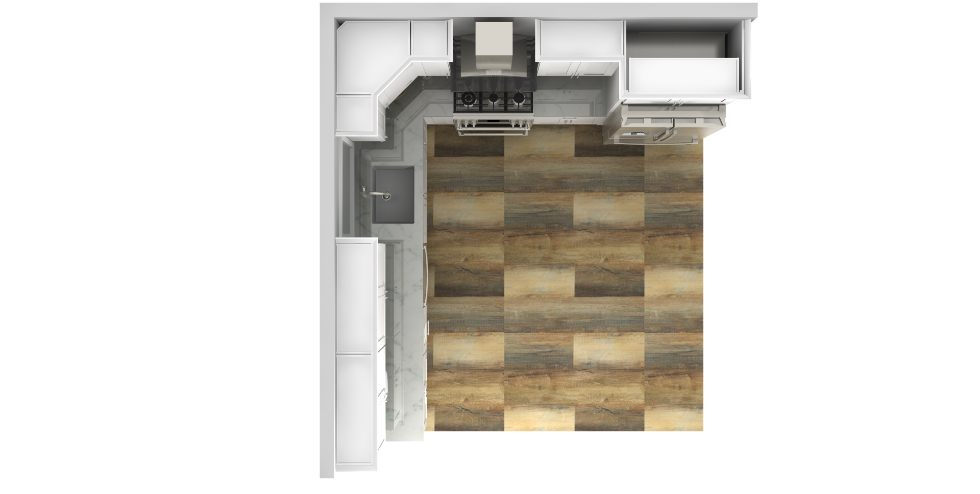 White Shaker L-Shape 12x11 Cabinet Set for 90H Kitchen with Crown